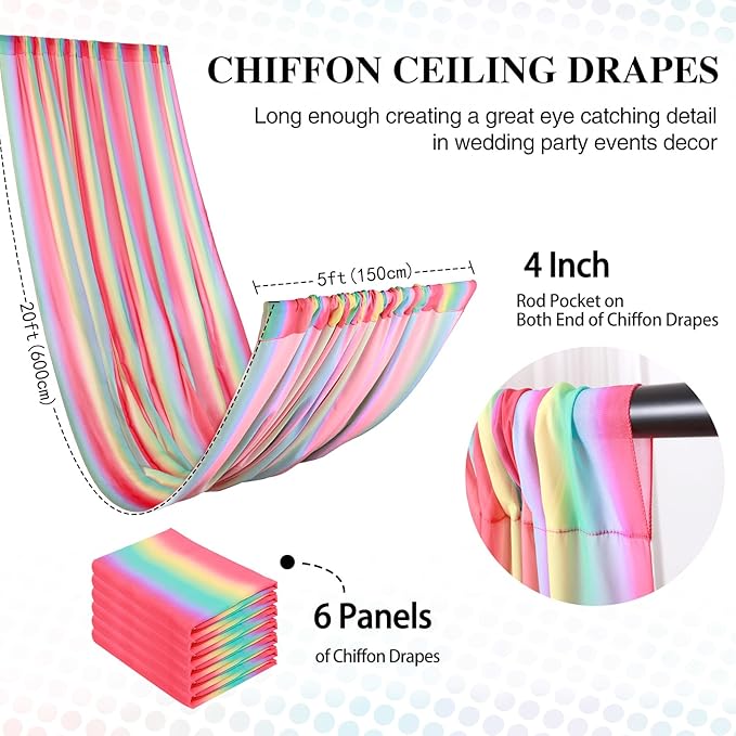 DUOBAO Rainbow Chiffon Ceiling Drapes 59''x20FT 6 Panels Sheer Arch Draping Fabric for Event Party Supplie, Baby Shower Photo Booth Background Supplies, Colorful Backdrop