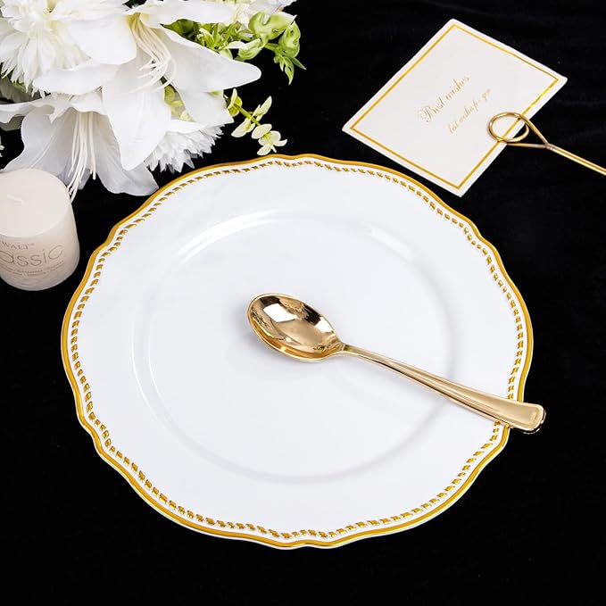 Hioasis 60pcs Gold Plastic Plates - White and Gold Disposable Dinnerware with Gold Rim, Heavy-duty, 10.25 inch, Dinner Plates for Party & Wedding