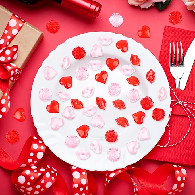 Fangoo 180PCS Red Pink Acrylic Heart Ornaments Mini Acrylic Heart Rose Flower Lips Gems for Valentine Vase Filler Decor for Table Scatter Engagement Valentine's Day Wedding Anniversary Party