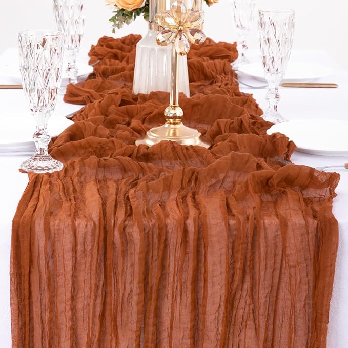 MLMW 6 Pack Fall Thanksgiving Table Runner Cheesecloth Autumn Harvest Rust Terracotta Cheese Cloth Boho Gauze 160 inch Table Runner 13.3ft for Wedding Party Baby Bridal Shower Birthday