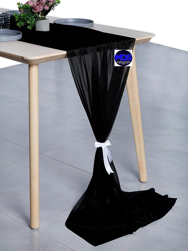 MDS Halloween Chiffon Table Runner - 10 Pack, 29 x 170 Inches, 14ft Each - Sheer Spooky Table Runners for Haunted House Parties, Trick-or-Treat Tables, Witchy Décor, Wedding & Events - Black