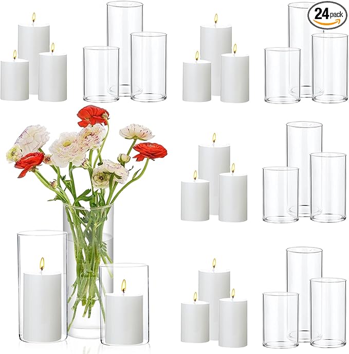 UDU 24 Pcs White Pillar Candles and Glass Cylinder Vases, Hurricane Pillar Candle Holder Vases for Wedding Centerpieces Table Party Home Decor(3.2" X 4.7", 6", 8")