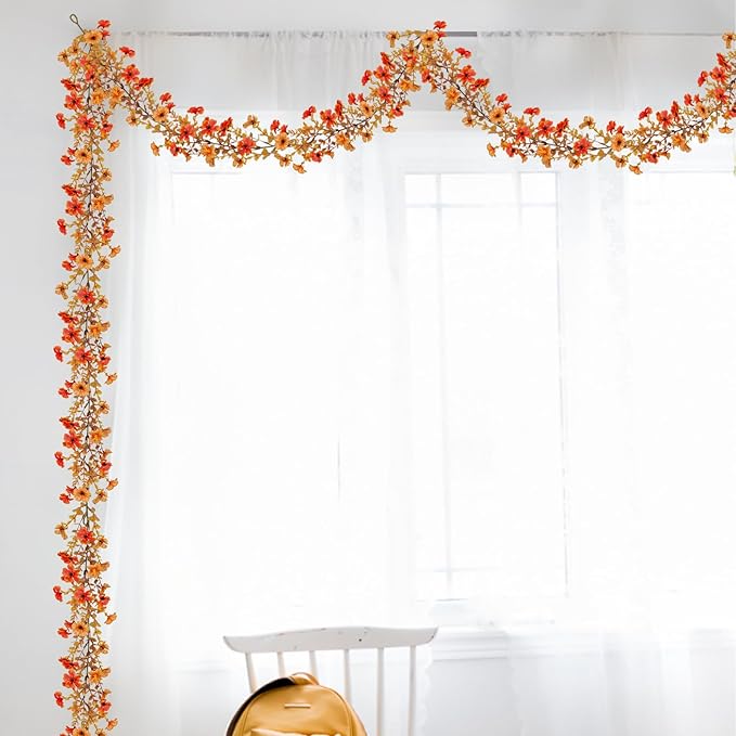 2 Pack Artificial Fall Flowers Garland, 6 FT Fall Decorations UV Resistant Fake Mums Floral Vines Faux Hanging Flower Ivy Garland for Home Party Table Wall Decor (Orange + Autumn Yellow)