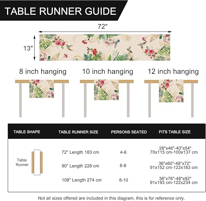 Seliem Summer Tropical Hummingbird Palm Leaf Greenery Table Runner, Spring Birds Home Kitchen Monstera Geranium Flowers Dining Decor, Seasonal Burlap Decorations Anniversary Party Supply 13 x 72 Inch