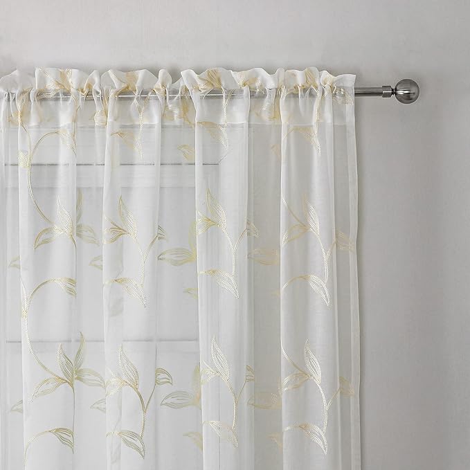 VISIONTEX Sheer Curtains 95 inch Length 2 Panels Set, White Voile Crushed Cream Vine Leaves Embroidery, Rod Pocket Embroidered Window Drapes for Living Room and Bedroom, 54" x 95"