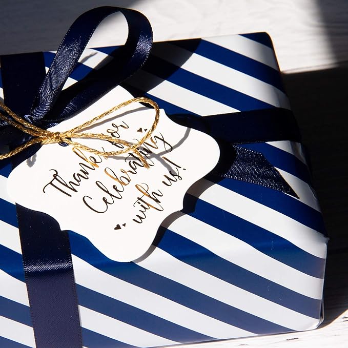 WRAPAHOLIC Reversible Wrapping Paper - Mini Roll - 17 Inch x 33 Feet - Navy and Stripes Design for Birthday, Holiday, Wedding, Baby Shower