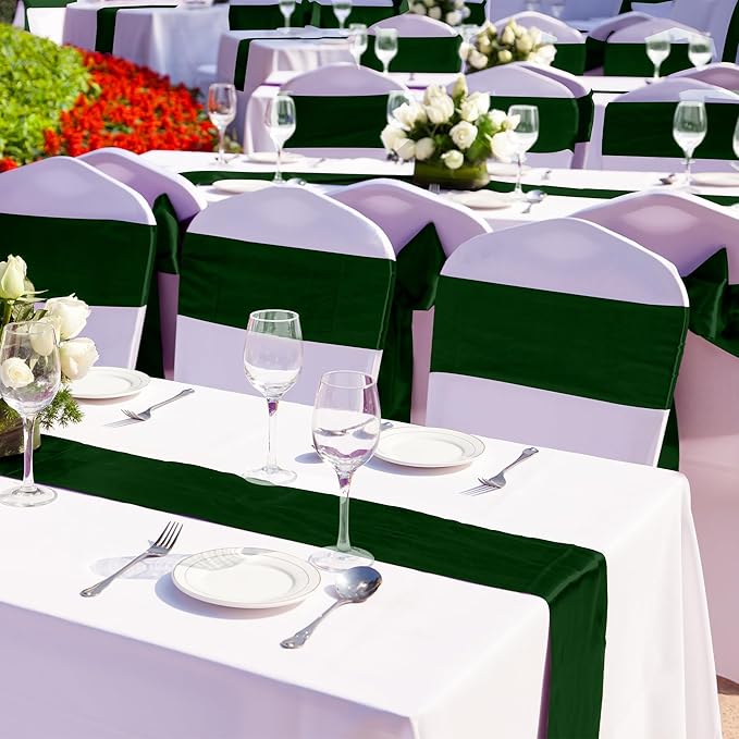 Aneco 16 Pack Satin Table Runner 12 x 108 Inch Black Green Long Wedding Satin Silk Table Runner for Wedding Banquet Graduations Birthday Party Decoration