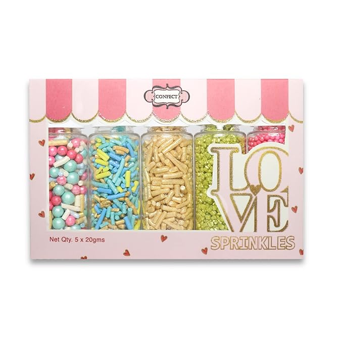 Confect Sprinkles – 5 Pack Assorted Cake Decorating Mix (Hot Pink & Ivory Pearl Dragees, Champagne Gold & Blue Jimmies, Green Sparkling Sugar) – Festive Edible Toppings for Cakes, Cupcakes, Cookies – Vegan, Gluten-Free, Nut-Free, Soy-Free, Dairy-Free, ...