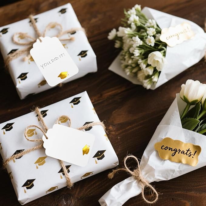 100Pcs Blank Gift Tags with String Foil Gold Grad Cap Large White Paper Gift Tags with 65 Ft Jute Twine for Congrats Grad Congratulations Graduation Party