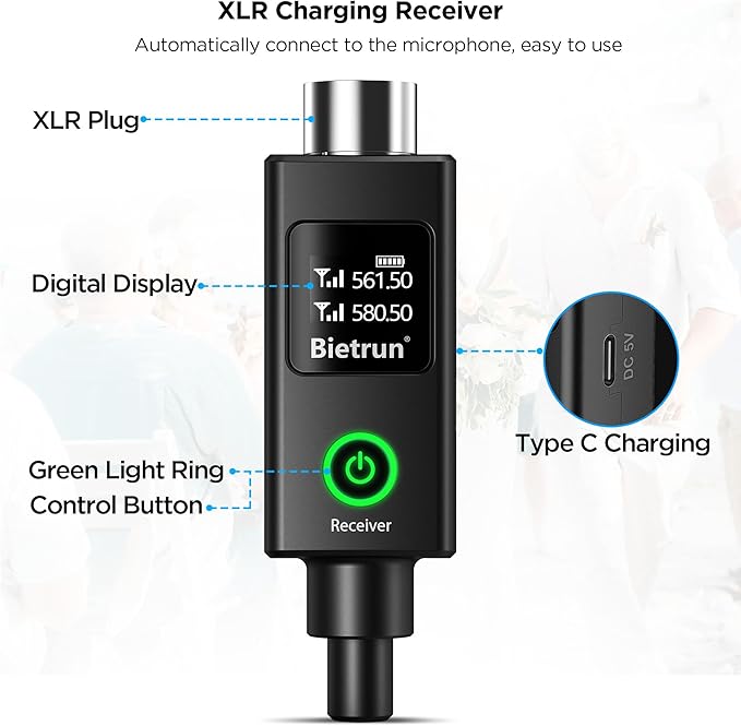 Bietrun XLR Wireless Microphone, UHF Dual Handheld Dynamic Metal Mic Set with Rechargeable Receiver, XLR to 1/4'' Adapter, for Karaoke, Church, Wedding, Party Singing(160 ft Range)(Auto Connect)