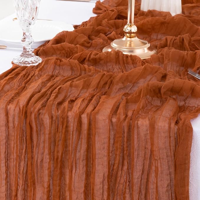 MLMW 6 Pack Fall Thanksgiving Table Runner Cheesecloth Autumn Harvest Rust Terracotta Cheese Cloth Boho Gauze 160 inch Table Runner 13.3ft for Wedding Party Baby Bridal Shower Birthday