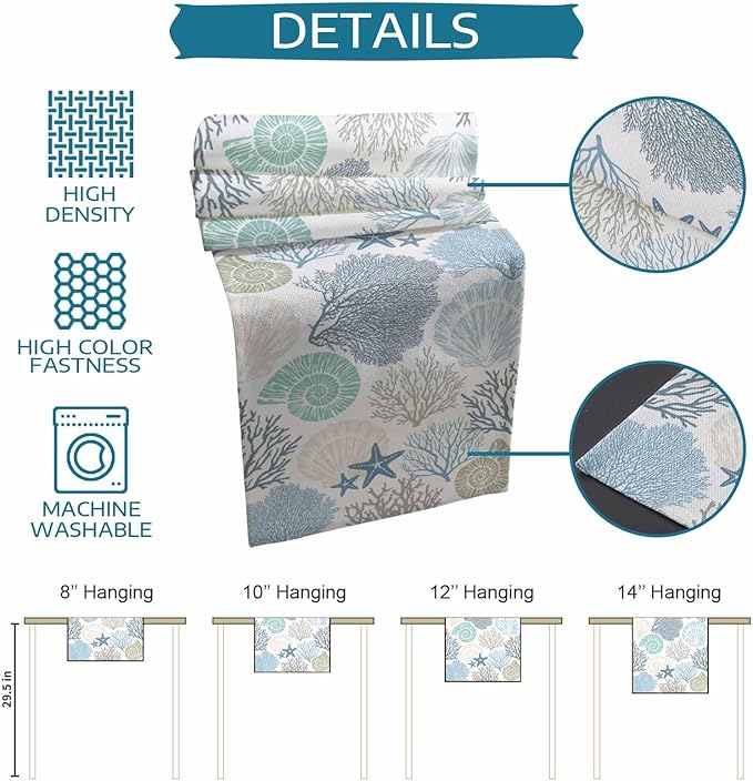 Coastal Coral Cotton Linen Table Runner for Dining Kitchen, Wedding Outdoor Party Tablerunners Decoration, Blue Nautical Starfish Ocean Shell Beach Dresser Scarf Coffee Tablecloth Runners 13x90 Inches