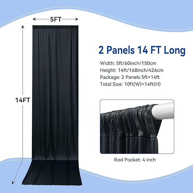 10×14ft Wrinkle Free Black Backdrop Curtain for Parties Wedding,2 Panels 5×14ft Height Soft Silky Polyester Photo Backdrop Drapes for Birthday Graduation Photography Stage Event Background Cloth