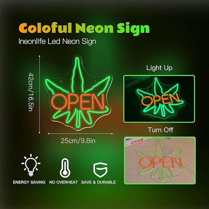 Ineonlife Green Leaves Open Neon Sign USB Dimmable Neon Signs for Wall Decor Psychedelic Led Light for Bar Club Cafe Shop Parties Window Decorations Adjustable Art Green Leaves Light