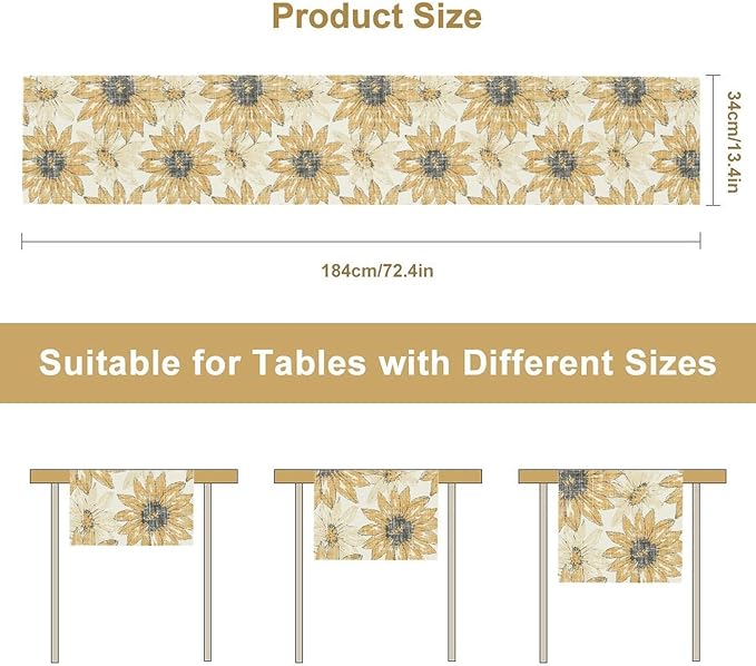 Chrysanthemum Vintage Floral Table Runner, Elegant Grunge Orange Sunflower Spring Summer Elegant Pattern Artichokes Flower Table Runner for Party Kitchen Dining Living Room Decor, 13x60 Inch