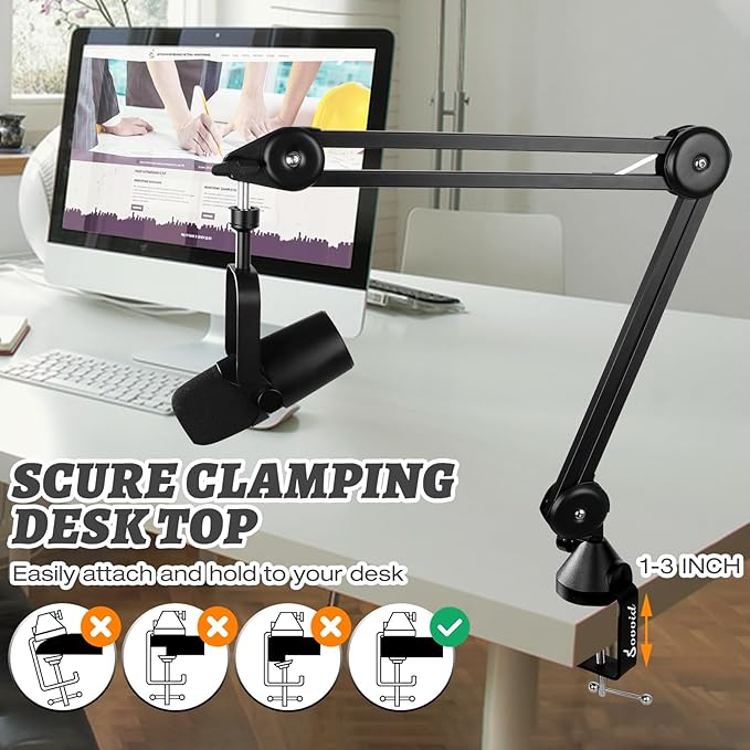 Mic Boom Arm – Heavy-Duty Microphone Stand with Desk Mount Clamp&Microphone Clip Ideal for Podcast & Gaming, Supports 4.4 lbs for Blue Yeti, FIFINE, HyperX, Shure & More