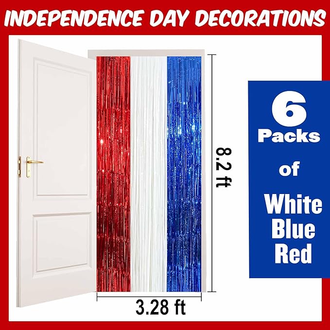 6 Pack White Blue Red Foil Fringe Curtains Backdrop, 3.28 x 8.2 Ft Metallic Streamers Tinsel Curtains Background for Photo Booth, Birthday, Weddings, Carnivals, Graduation, Themed Party Decorations