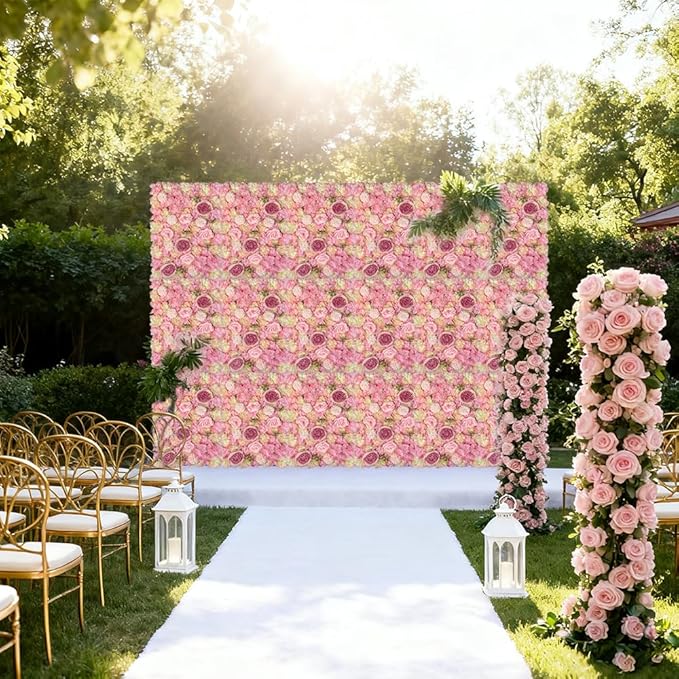 Artificial 3D Flower Wall Panel for Backdrop 12 Pcs 24x16 inches Pink Faux Roses Artificial Flower Backdrop for Wedding Party Bridal Baby Shower Decor