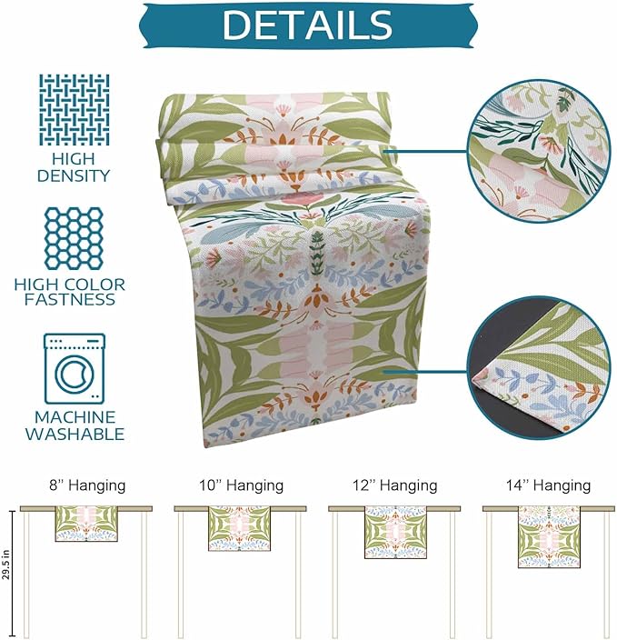 Green Blue Pink Boho Floral Cotton Linen Table Runner for Dining Kitchen, Wedding Outdoor Party Tablerunners Decoration, Retro Bohemian Botanical Dresser Scarf Coffee Tablecloth Runners 13x60 Inches