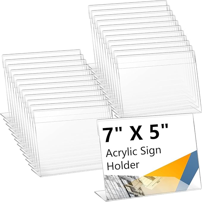 Vicenpal 24 Pcs 7x5 Inch Clear Acrylic Sign Holder Plastic L-shape Vertical Menu Stand, Picture Photo Frames, Table Paper Holder, Flyer Sign Display Stand for Restaurants, Store, Office, Wedding