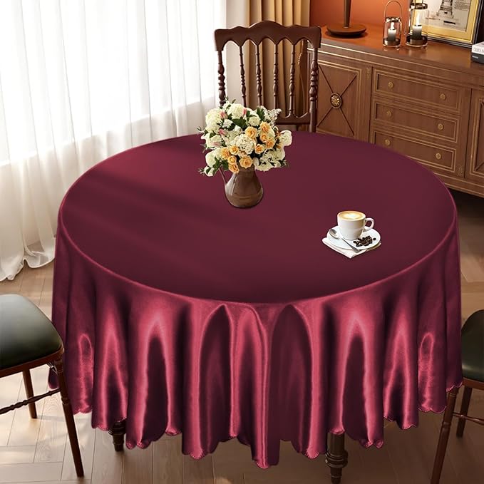 KKJIAF 1 Pack 60 Inch / 5ft Round Table Cloth, Burgundy Overlay Round Satin Table Cover, Silky Satin Dining Tablecloths for Wedding Buffet Parties Banquet Decoration