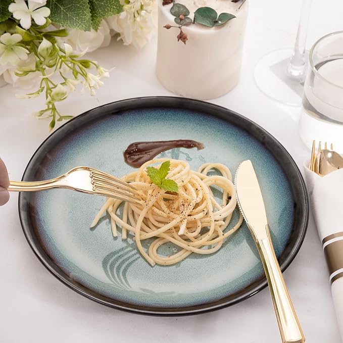 50Guests Pre Rolled Gold Plastic Silverware Sets - Heavy Duty Gold Cutlery - Include 50 Pack Wrapped Disposable Utensils with Napkins for Parties, Dinners & Weddings
