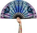 UV Glow Rave Fan, Bamboo Folding Clack Hand Fans Foldable for Men Women, Boots on the Ground Poping Fan for EDM Festival Line Dance Decoration, (Kaleidoscope Girls, Large 13")