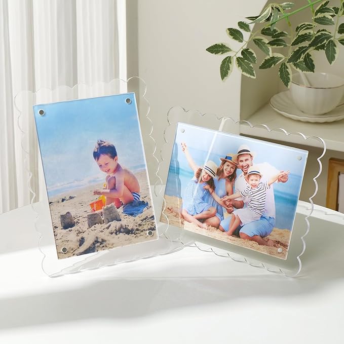 Cuspin 5x7 Acrylic Frames Set of 2 Scalloped Picture Frame, Clear Magnetic Acrylic Photo Frames with Dual Kickstand Holes for Vertical and Horizontal Display