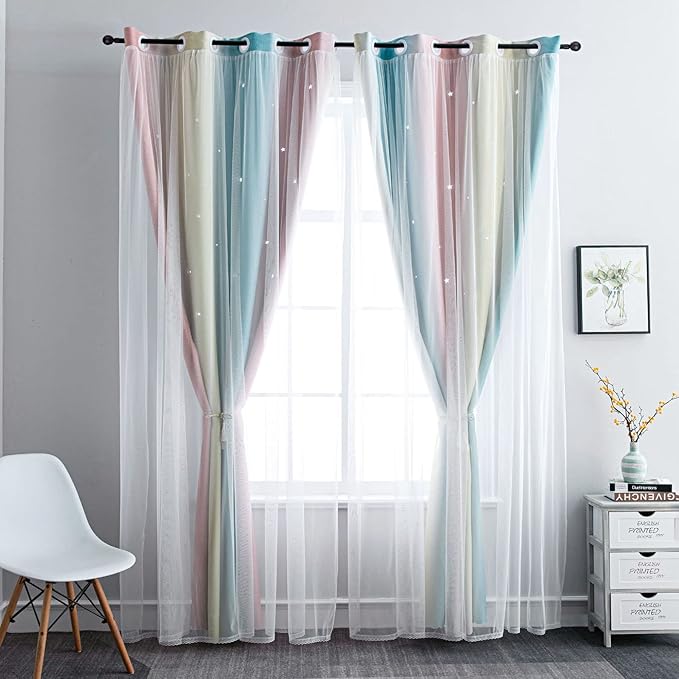 FANLI Ombre Rainbow Blackout Curtains for Kid Girls Bedroom Living Room Darking Stripe Double Layer Star Cut Out Wall Home Decor Gradient Grommet Window Curtains (Pink/Blue, 52W x 72L)