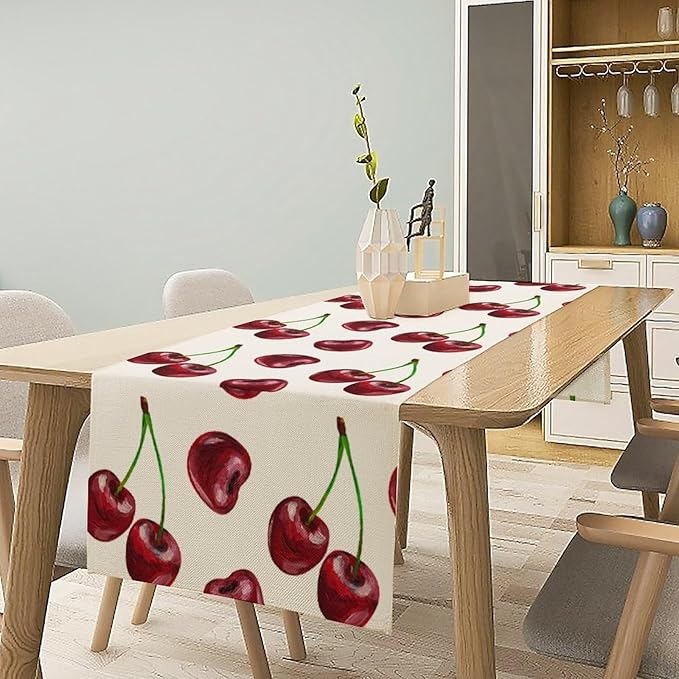 Red Cherry Table Runner Watercolor Spring Summer Wild Berry Tropical Fruit Theme Dinner Runner for Girl Baby Shower Party Holiday Home Kitchen Dining Table Decor 13x90