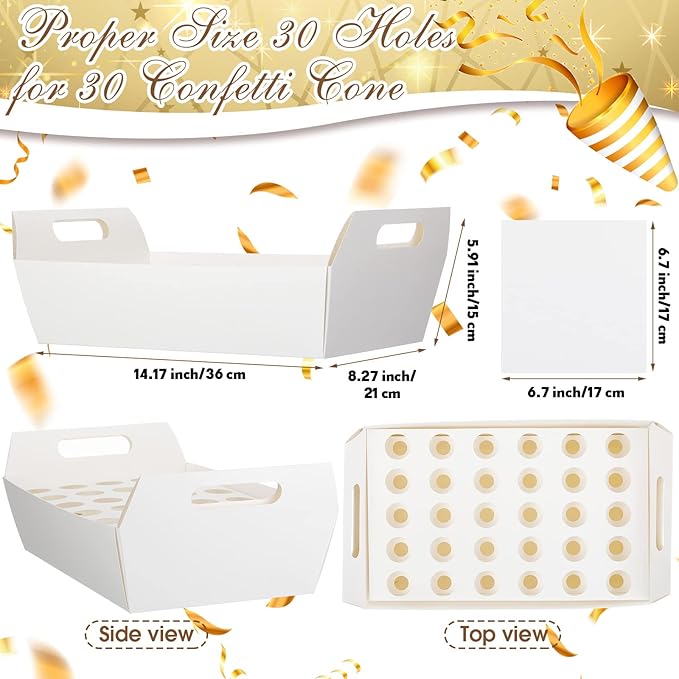 6 Set Wedding Confetti Cone Holder Box Each Includes 30 Pieces of Cone Papers and 30 Holes for 30 Confetti Cones Box Party Confetti Cone Kraft Stand Tray Box for Wedding Party Candy Flower(White)
