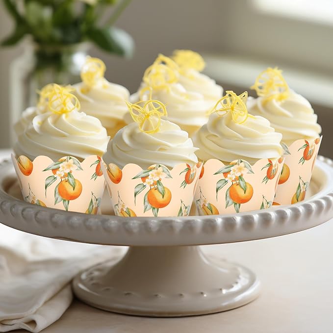 Whaline 36Pcs Little Cutie Cupcake Wrappers Watercolor Orange Cupcake Liners Decorative Cupcake Holders for Birthday Baby Shower Party Cake Decoration