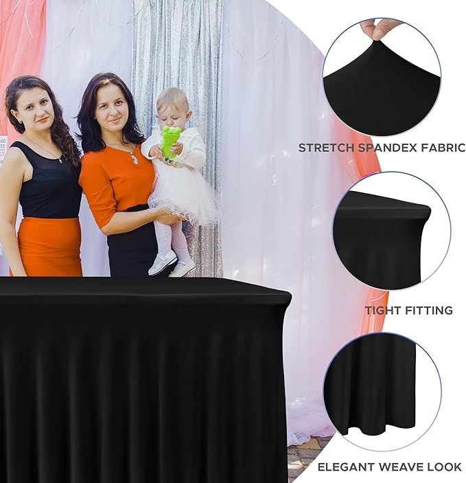 Nasitos Black Table Skirt for 8 Foot Rectangle Tables, 4 Pack - 96 x 30 Inch - Stretch Spandex Fitted Table Clothes, Fabric Table Covers Cocktail Tablecloths for Party, Banquet, Birthday