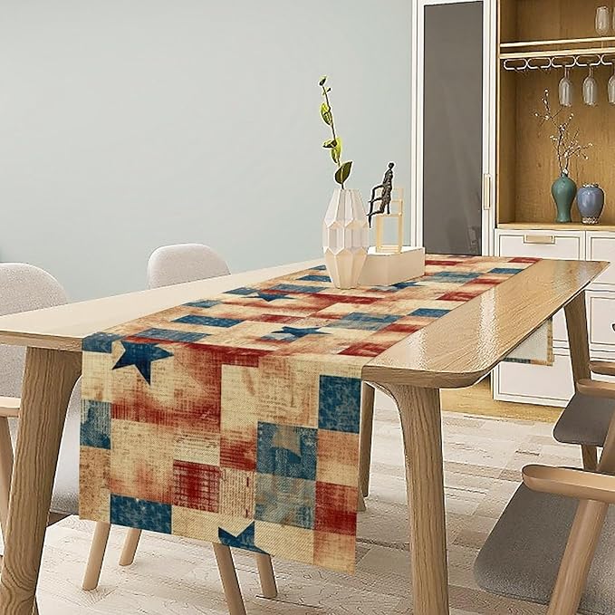 4th of July Table Runner, Rustic Vintage Country Red White Blue American Stars Independence Day Print Table Cover for Farmhouse Kitchen Dining Table Decor, 13x120inch