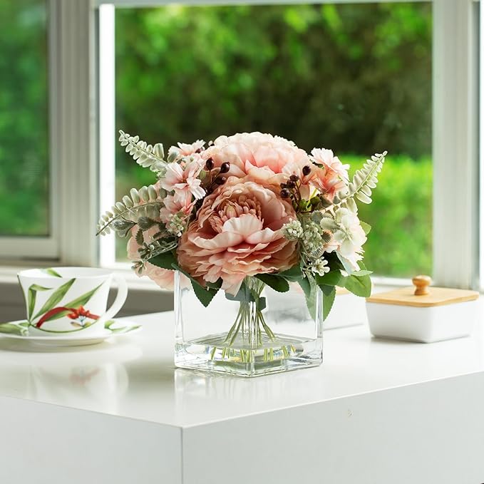 ENOVA FLORAL Artificial Flower Arrangement with Vase,Mixed Artificial Silk Peony Flower in Vase for Decoration Home Office, Wedding Centerpiece (Champagne)