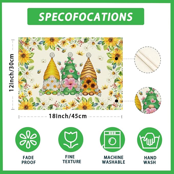 XCHI Daisies Flowers Gnomes Spring Placemats Set of 4 Table Mats Summer Seasonal Table Decorations 12x18 Inch