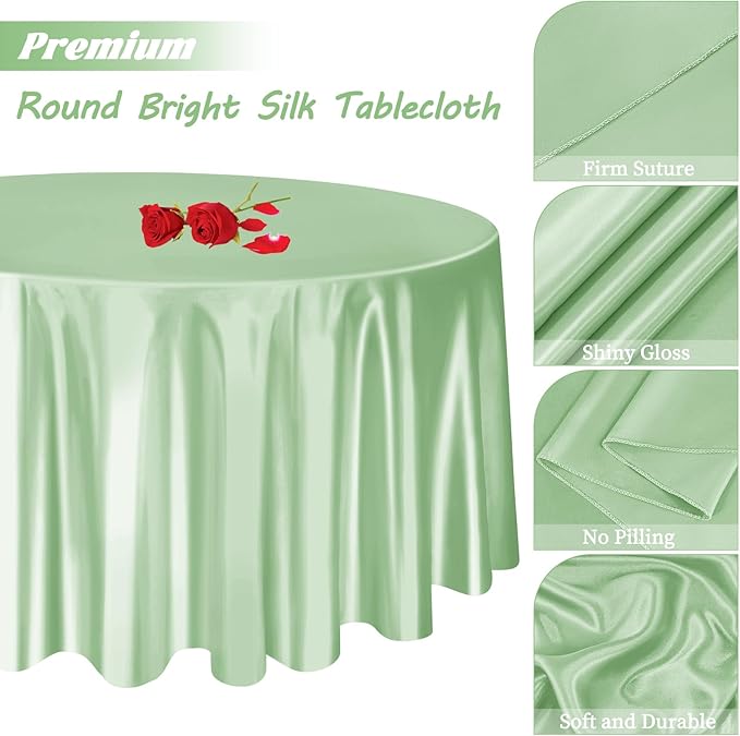 fani 12 Pack 120 Inch Sage Green Satin Tablecloth - Silky Round Tablecloth Overlay Smooth Fabric Table Cover, Bright Table Decoration for Wedding Party Banquet Events Restaurant Kitchen Dining