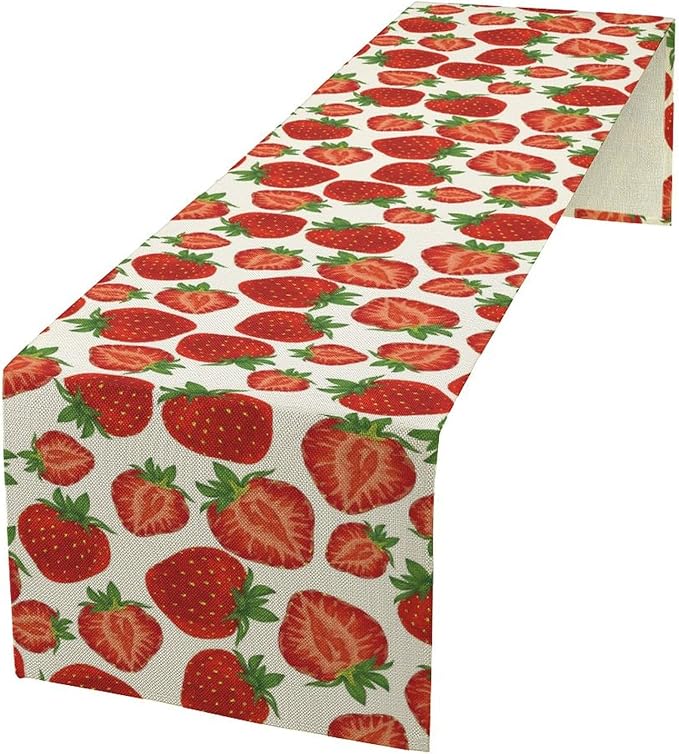Strawberry Table Runner,Spring Summer Fruit Print Table Runner for Kitchen Dining Table Home Party Decoration 13x120 Inch