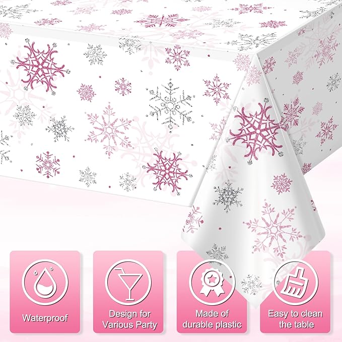 3 Pcs Christmas Snowflake Party Tablecloths Decorations,Plastic Pink Winter Onederland Rectangle Table Cover for Christmas New Year Girls 1st Birthday Baby Shower Holiday Party Decorations,54x108 inch