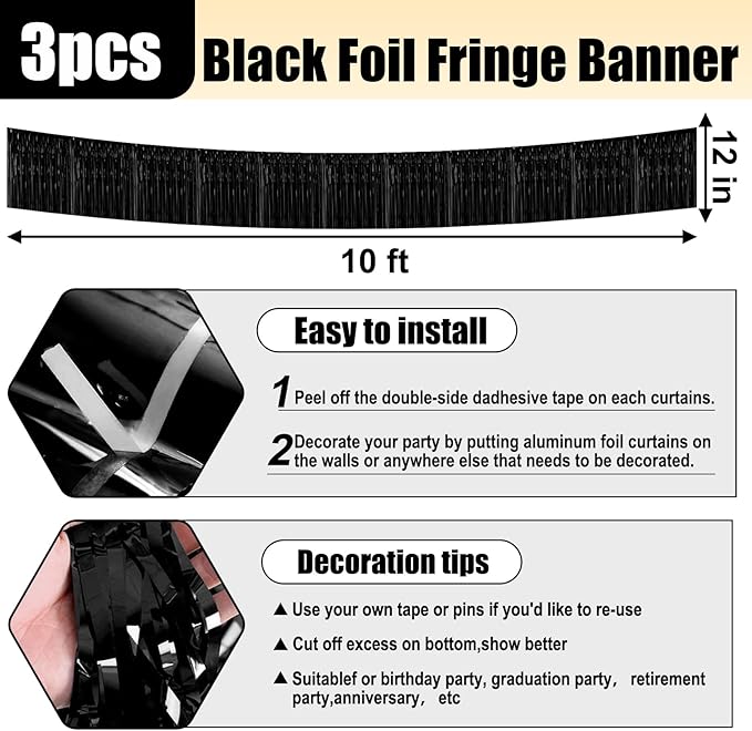 3 Pack 10 Long Black Metallic Foil Fringe Garland Wall Hanging Tassle Banner, Mother's Day, Easter, Parade Floats, Birthday, Theme Party, Wedding Party Decorations