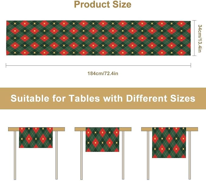 Christmas Table Runner,Green Red Xmas Plaid Table Cloth Kitchen Dining Table Decoration for Home Party Decor 13x36 Inch