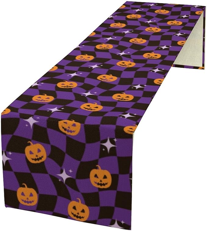 Halloween Table Runner,Purple Checkered Pumpkin Table Runner for Kitchen Dining Table Decoration Home Party Decor 13x108 Inch