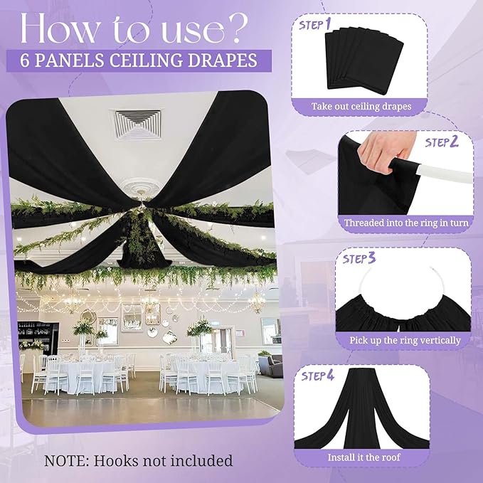 6 Panels Black Ceiling Drapes for Wedding, 5ftx40ft Ceiling Drapes Cheesecloth Sheer Fabric Curtain Wedding Arch Draping Fabric Romantic Ceilings Decorations for Weddings Party Ceremony Stage