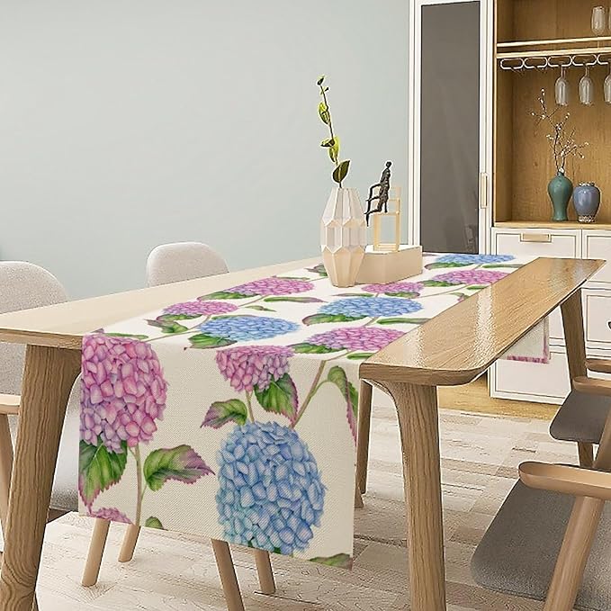 Spring Hydrangea Flower Table Runner, Seasonal Summer Plants Watercolor Pink Purple Florals Dinner Runner for Home Kitchen Dining Table Party Holiday Decoration 13"x70"