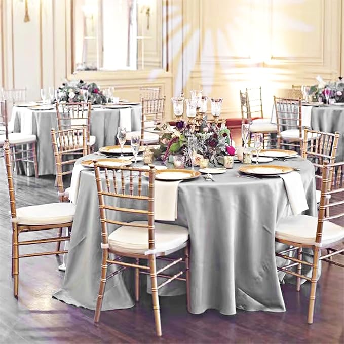 12 Pack 120 Inch Silver Satin Tablecloth - Premium Bright Silky Round Tablecloth Overlay Smooth Fabric Table Cover, Table Decoration for Wedding Party Banquet Events Restaurant Kitchen Dining