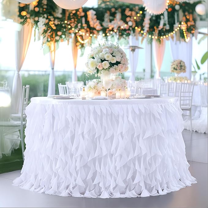 Partisky White Tulle Curly Willow Table Skirt for Rectangle Table 17ft, Ruffle Tutu Table Cloth for Wedding,Bridal Shower, Baby Shower,Birthday Party