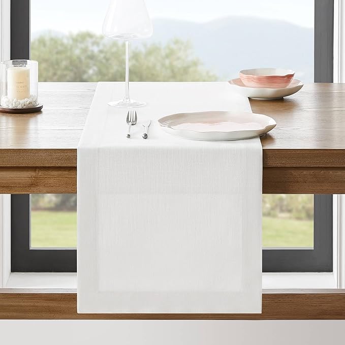 ZeeMart Linen Textured Border Table Runner, 14 x 60 Inch White, Farmhouse Style White Table Runners 60 Inches Long, Easy Care Everyday Polyester Table Runner