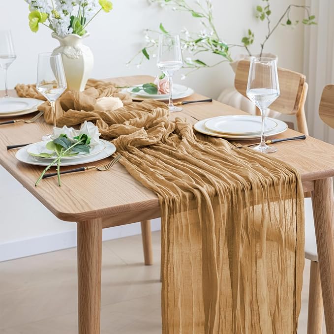Asee'm 4pcs Cheesecloth Table Runner 120 Inches Long Khaki Boho Gauze Cheese Cloth Runner 10FT Rustic Sheer Table Runners for Christmas Wedding Party Baby Shower Spring Easter Decoration