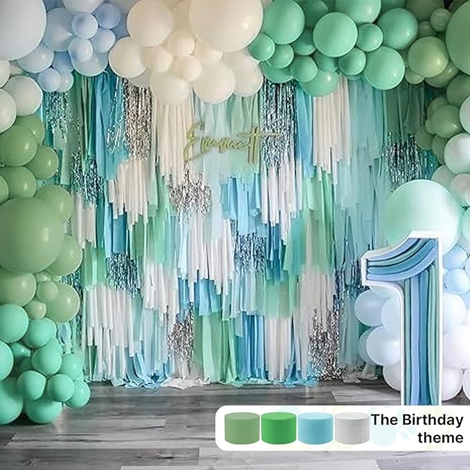 PartyWoo Sage Green Crepe Paper Streamers 4pcs 328ft Pack of Oliver Eucalyptus Green Sand White Crepe Paper Streamers for Birthday Baby Shower Woodland Dinosaur Jungle Football Party Decorations