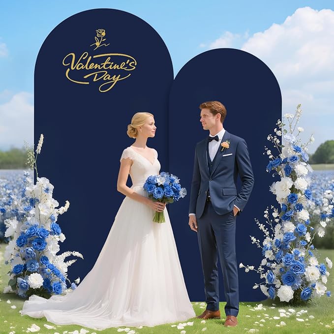 Party Arch Backdrop Stand and Cover Set 6FT 7.2FT Navy Blue Spandex Arch Covers Gold Metal Arch Stand Backdro Chiara Balloon Arched Stand Frame with Covers for Birthday Party Reception Decor